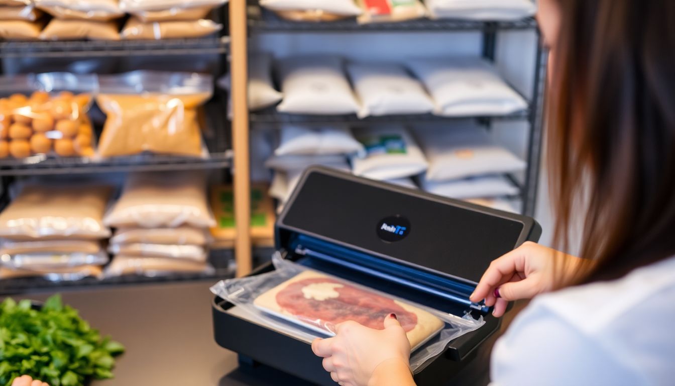 A person using a vacuum sealer to package food, with shelves of vacuum-sealed packages in the background.