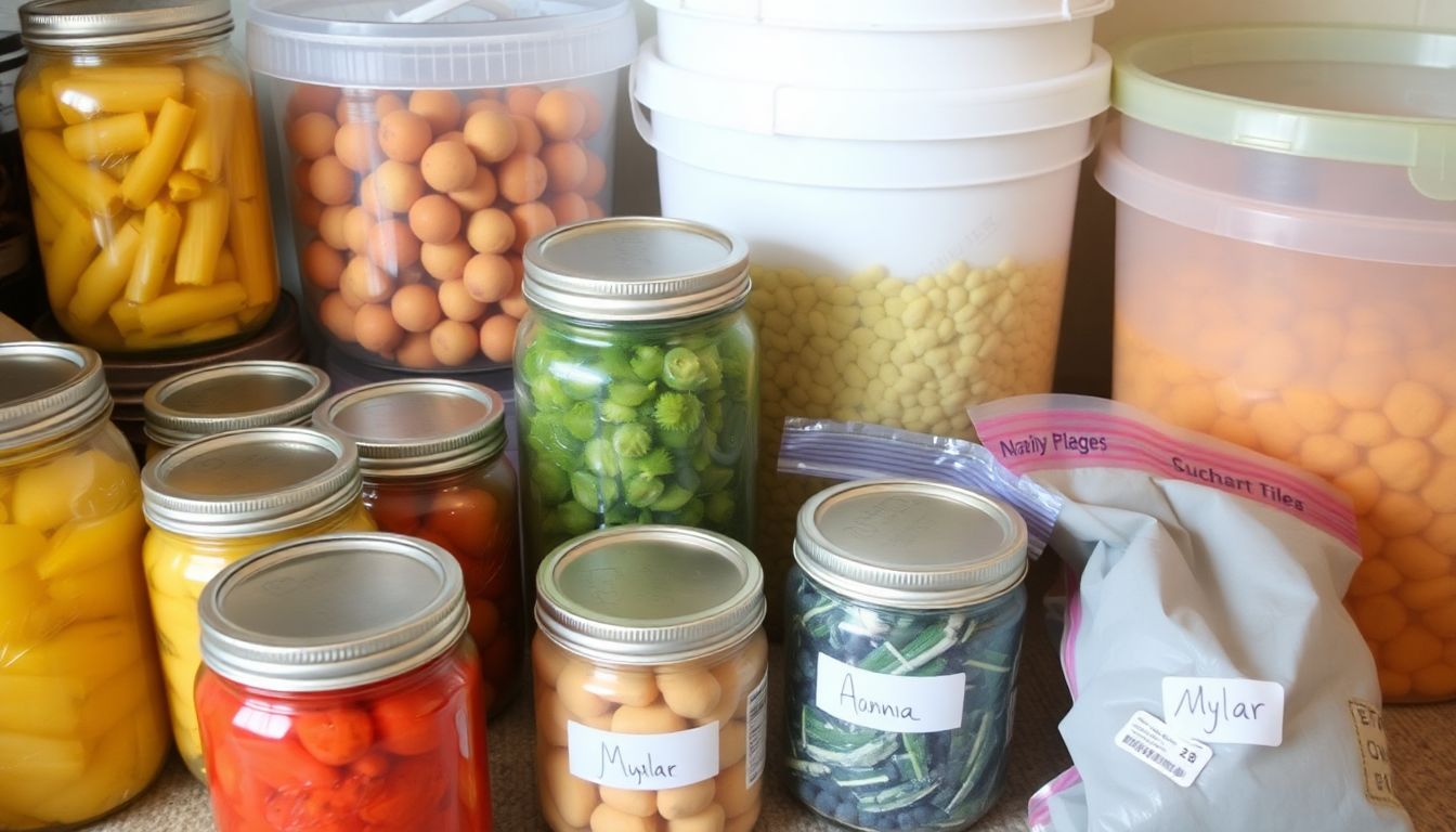 A variety of food storage containers, including glass jars, plastic buckets, and mylar bags, with a close-up of properly sealed and labeled containers.