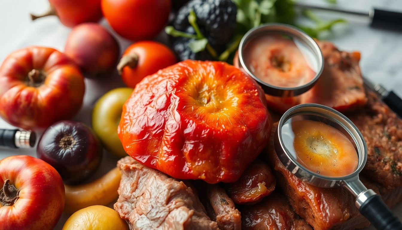 A close-up of various foods (fruits, vegetables, meat) starting to show signs of spoilage, with magnifying glasses and scientific instruments nearby.