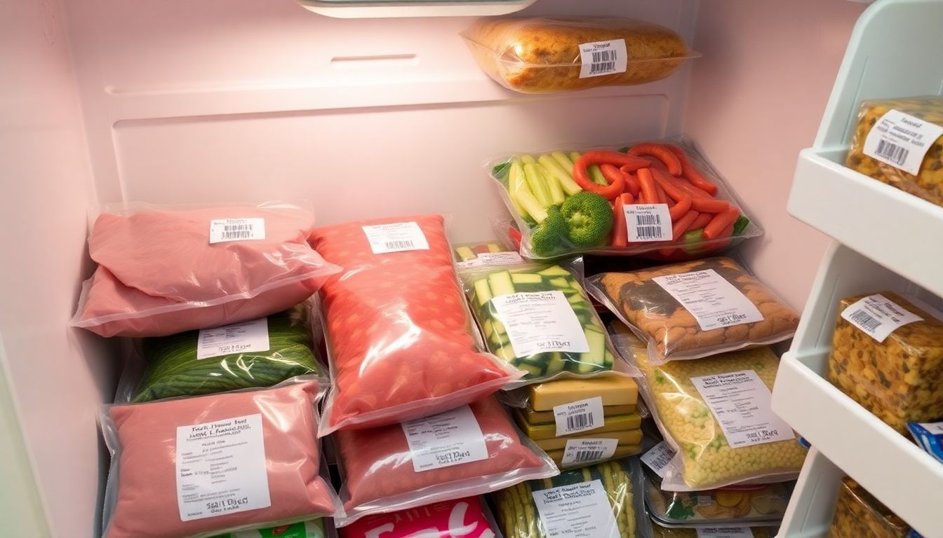 A well-organized freezer with clearly labeled packages of frozen food, including meats, vegetables, and prepared meals.