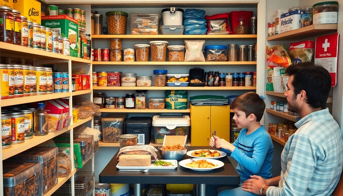 A well-organized pantry filled with emergency supplies, including canned goods, dried fruits, and a first aid kit, with a family enjoying a meal from their stockpile.