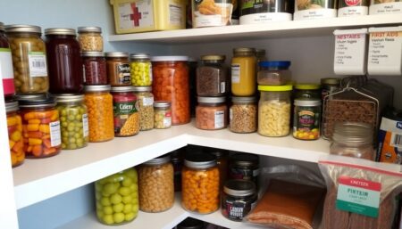 A well-organized pantry filled with jars of canned goods, dehydrated fruits, and vacuum-sealed meats, with a first aid kit and emergency supplies in the corner, all under a shelf with labeled and dated containers.