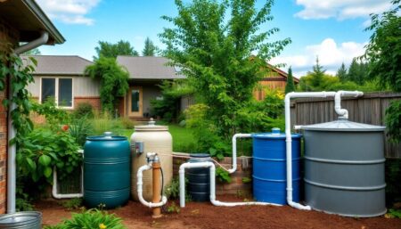 A lush, green homestead with a variety of rainwater harvesting systems in place, including gutters, barrels, and a large cistern, all connected by visible PVC pipes. The scene should evoke a sense of self-sufficiency and harmony with nature.