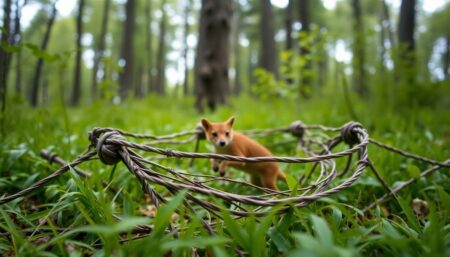 A close-up of a well-crafted snare trap set in a lush, green forest, with a small game animal caught in it, symbolizing the essence of survival trapping.