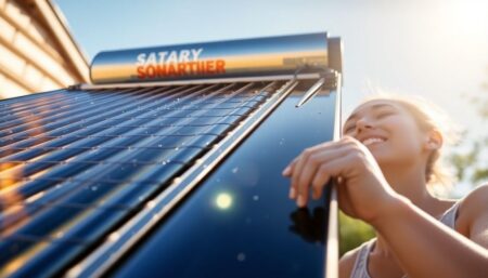 A close-up of a homemade solar water heater panel, with the sun shining brightly in the background, and a person happily checking the temperature of the water