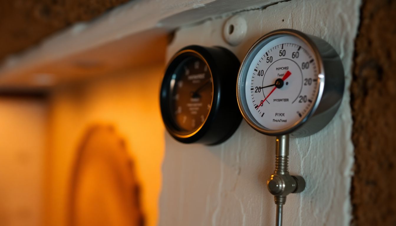 A close-up of a hygrometer and thermometer hanging on the wall of a root cellar.