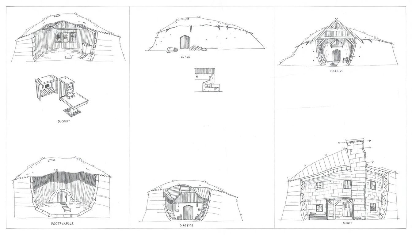 Blueprints or sketches of various root cellar designs, including dugout, hillside, and basement styles.