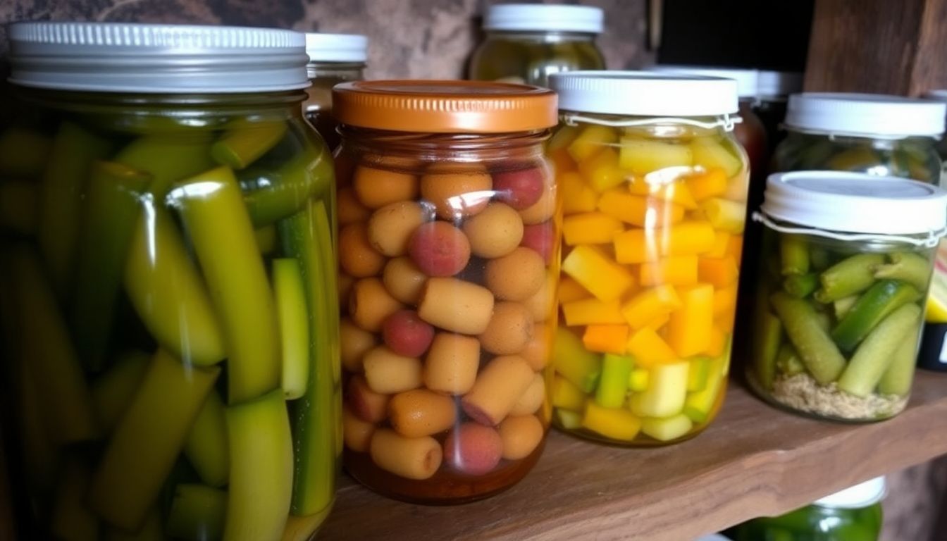 A variety of preserved foods, like jars of pickles and fermented vegetables, stored on the shelves of a root cellar.