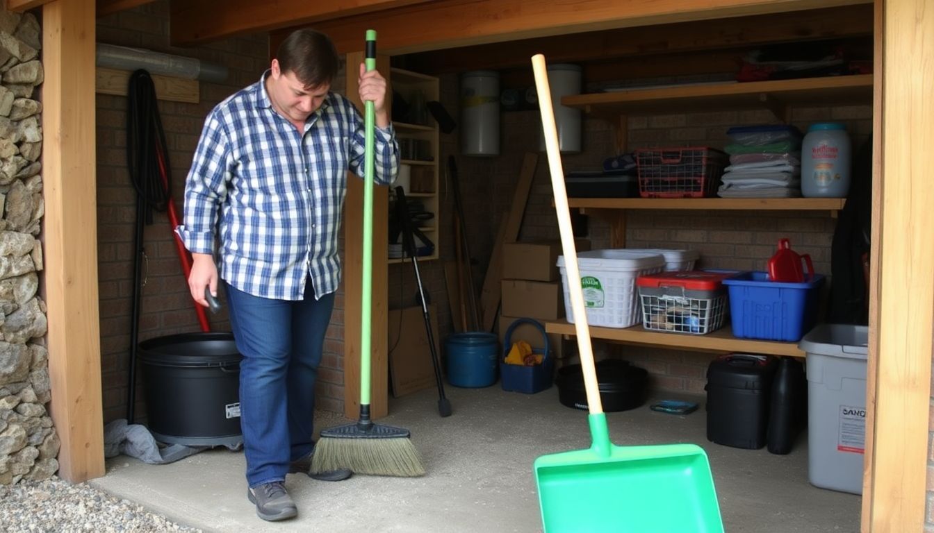 A person cleaning and organizing their root cellar, with a broom and dustpan in hand.