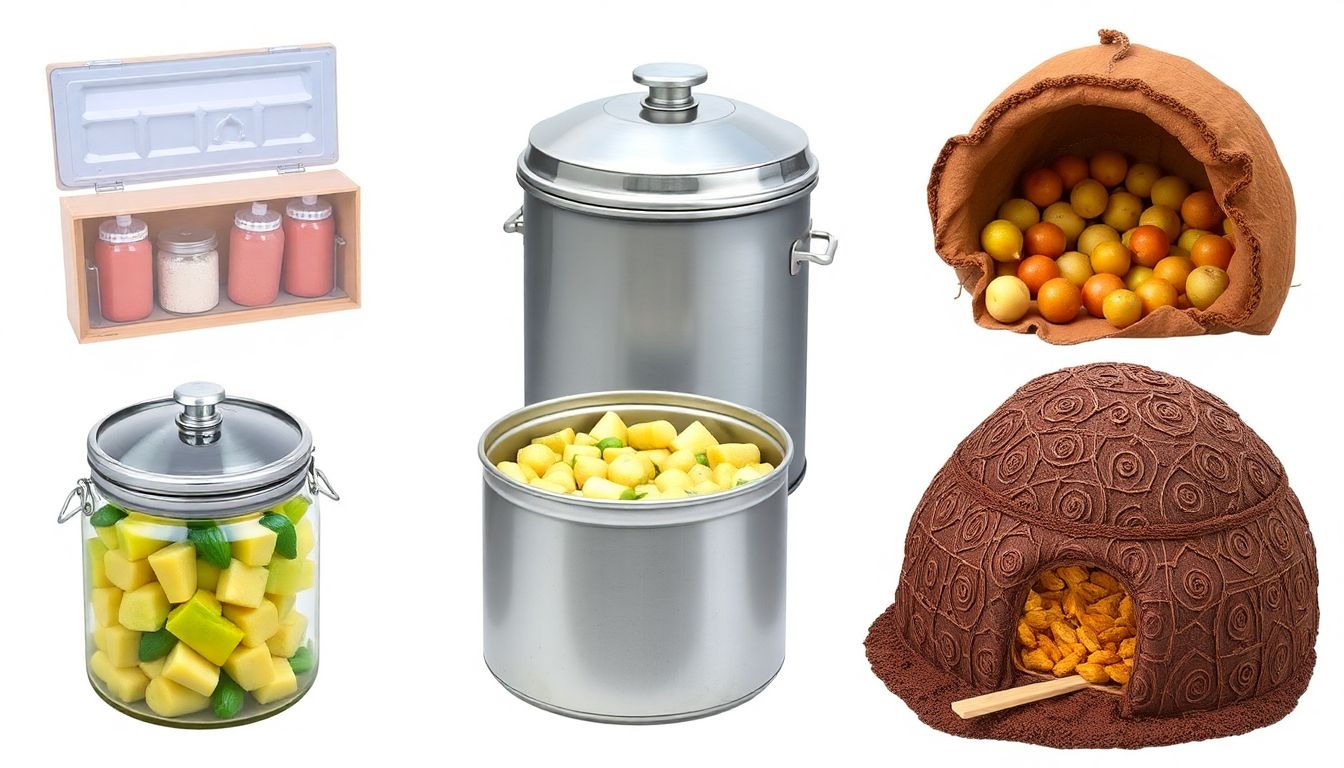 A collection of different food preservation methods, including an icebox, a zeer pot, and an earth oven.