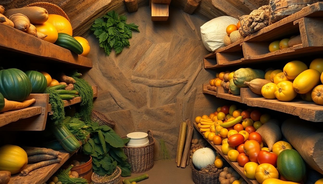 A well-organized root cellar with various types of produce stored on wooden shelves.