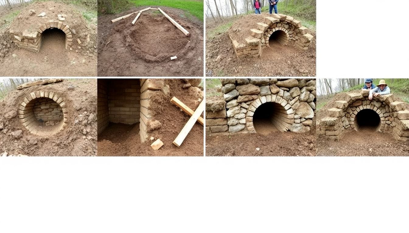 A series of photos showing the construction process of a root cellar, from digging to finishing.