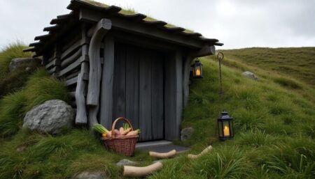 A rustic, wooden door set into a grassy hillside, with a basket of root vegetables and a lit lantern beside it, on a cloudy day.