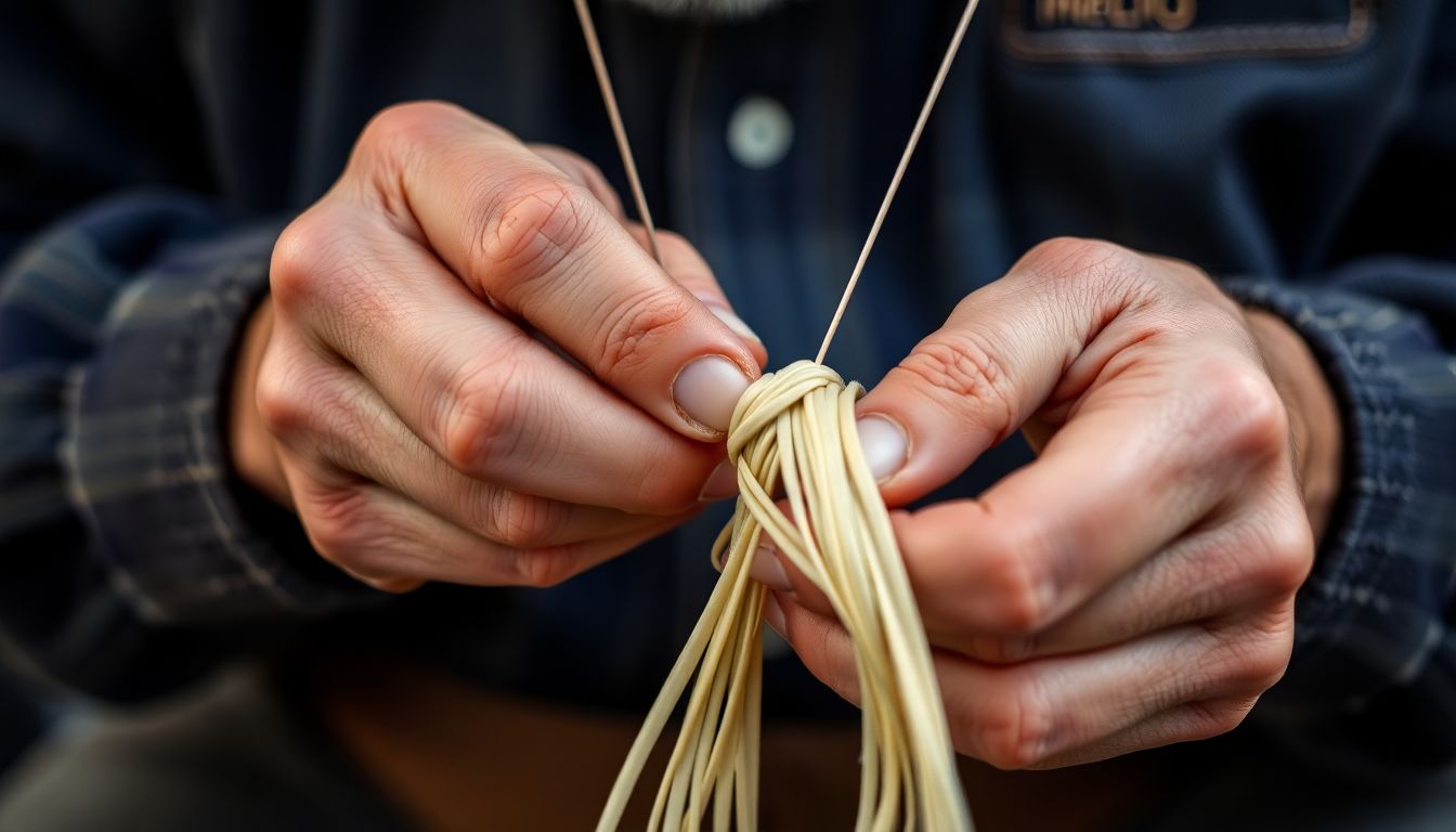 A close-up of a craftsman's hands working with a length of sinew, twisting and wrapping it to create a bowstring.