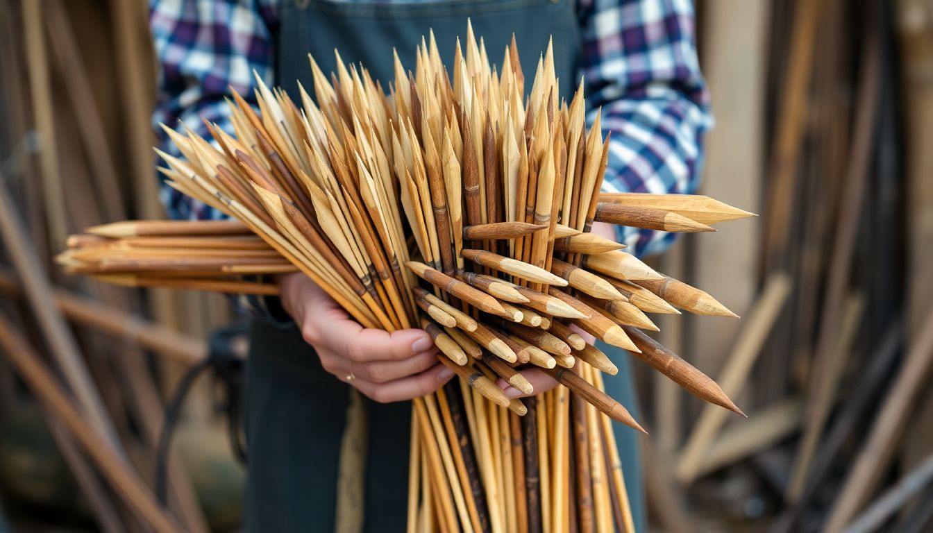 A craftsman holding a bundle of straight, dried arrow shafts, with a variety of wood species visible.