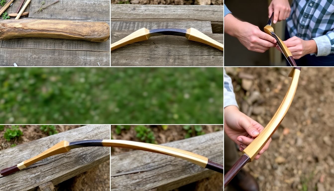 A series of images showing the progression of a bow being crafted, from a rough log to a finished product, with the craftsman's hands at work.