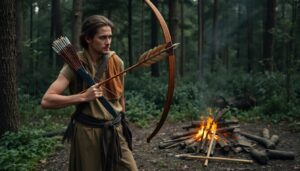 A lone archer, clad in earth-toned clothing, stands in a dense forest, holding a beautifully crafted wooden bow. An arrow, fletched with feathers, is nocked on the string, ready for a silent hunt. Behind him, a small campfire smolders, with primitive tools and a half-carved arrow shaft lying nearby.