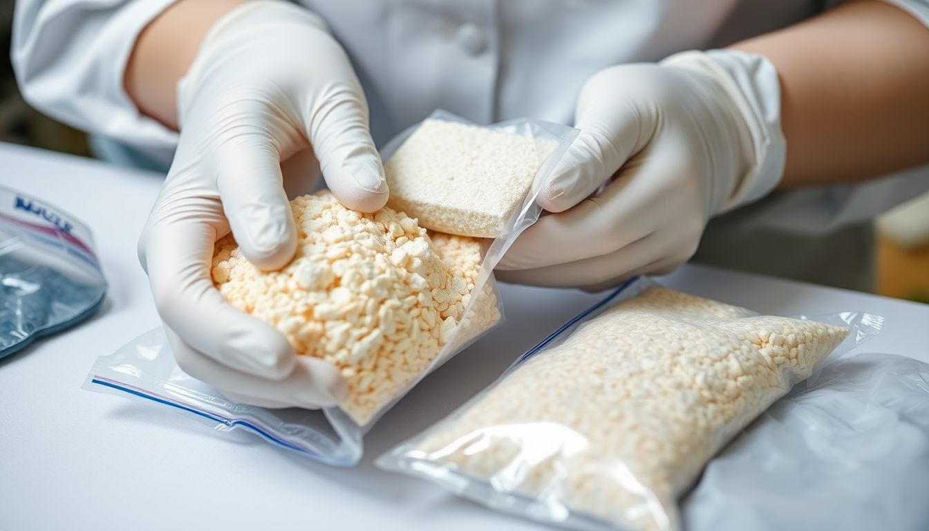 Close-up of hands carefully packaging supplies with desiccants and moisture barriers, then sealing them in airtight bags