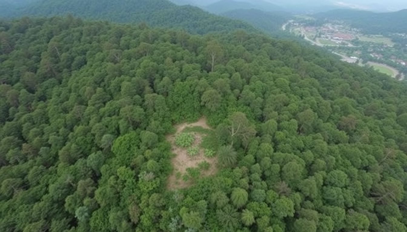 An aerial view of a well-hidden cache site, surrounded by dense foliage and far from any roads or buildings