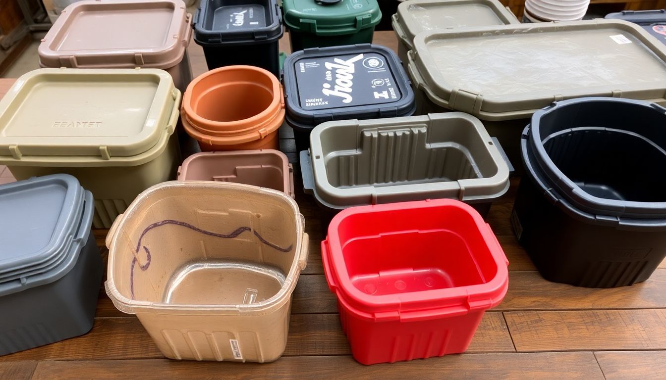 A variety of durable, waterproof containers, both opened and closed, arranged on a wooden table