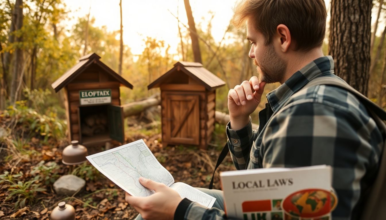 A person thoughtfully considering their cache placement, with a map of property lines and a book of local laws nearby