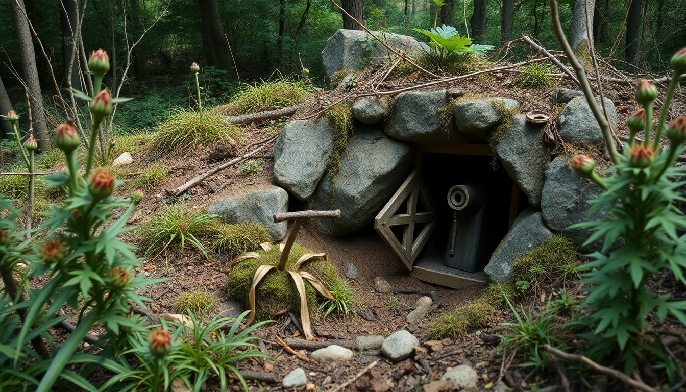 A well-hidden cache with a subtle, non-lethal alarm system, surrounded by natural deterrents like thorny plants