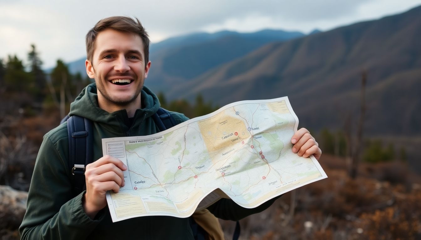 A person looking relieved and confident, holding a map marked with cache locations, surrounded by wilderness