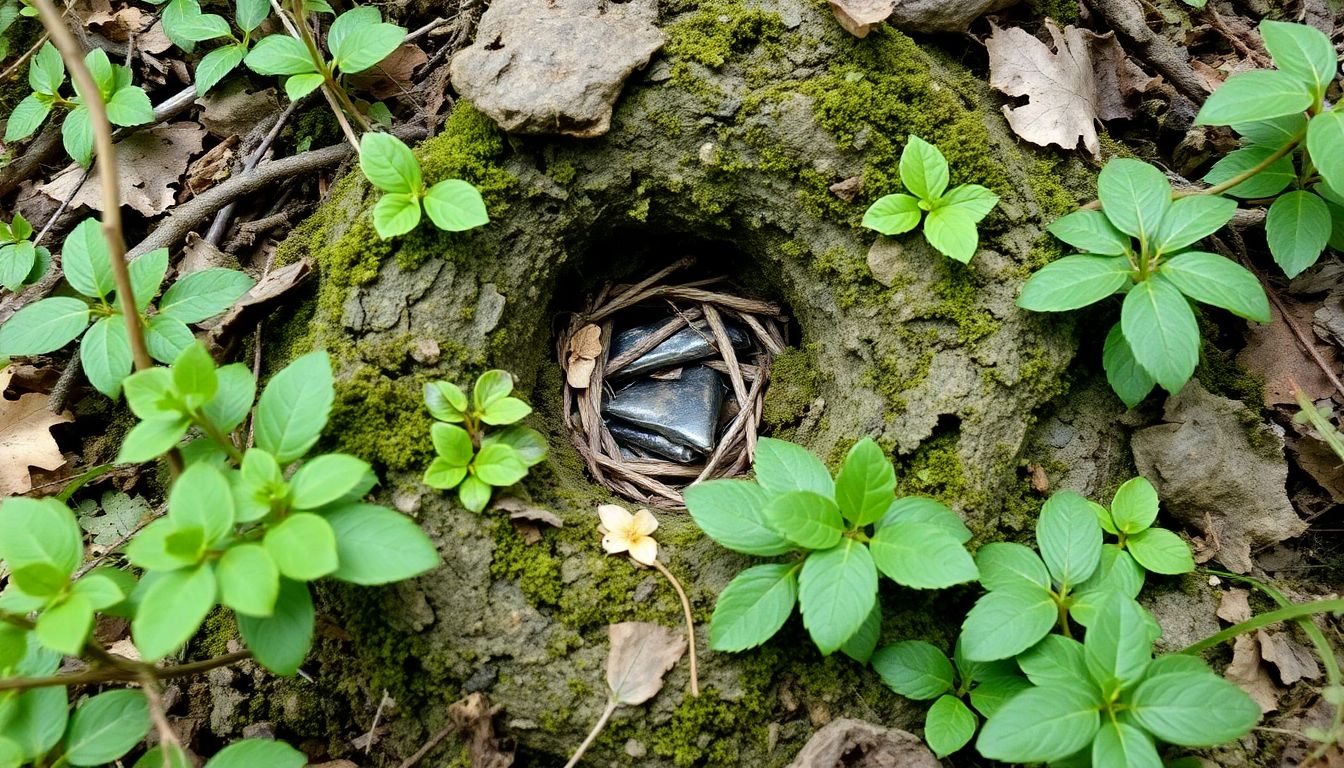 A well-camouflaged cache, indistinguishable from its surroundings, with a subtle hint of its presence