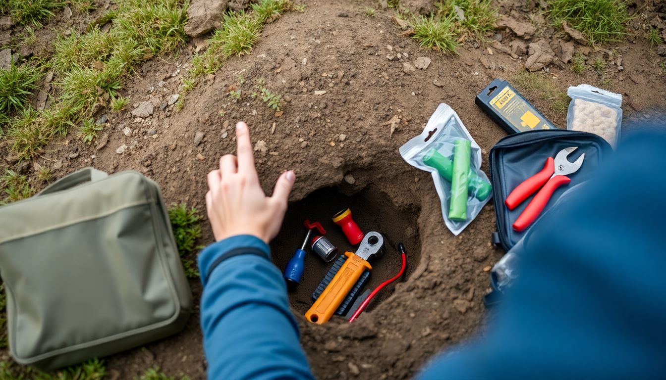 A person checking the contents of a buried cache, with a toolkit and updated supplies nearby