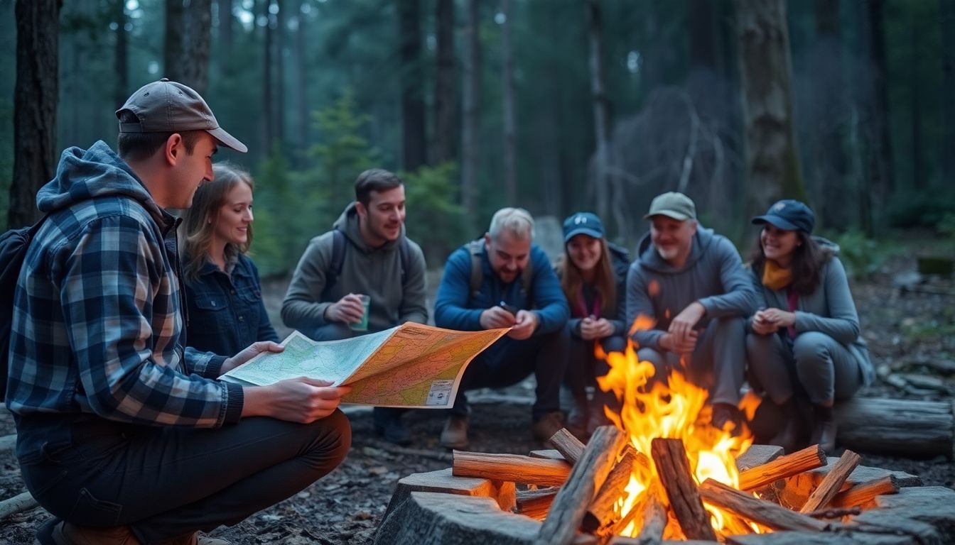 A group of people sharing a map and discussing cache locations around a campfire