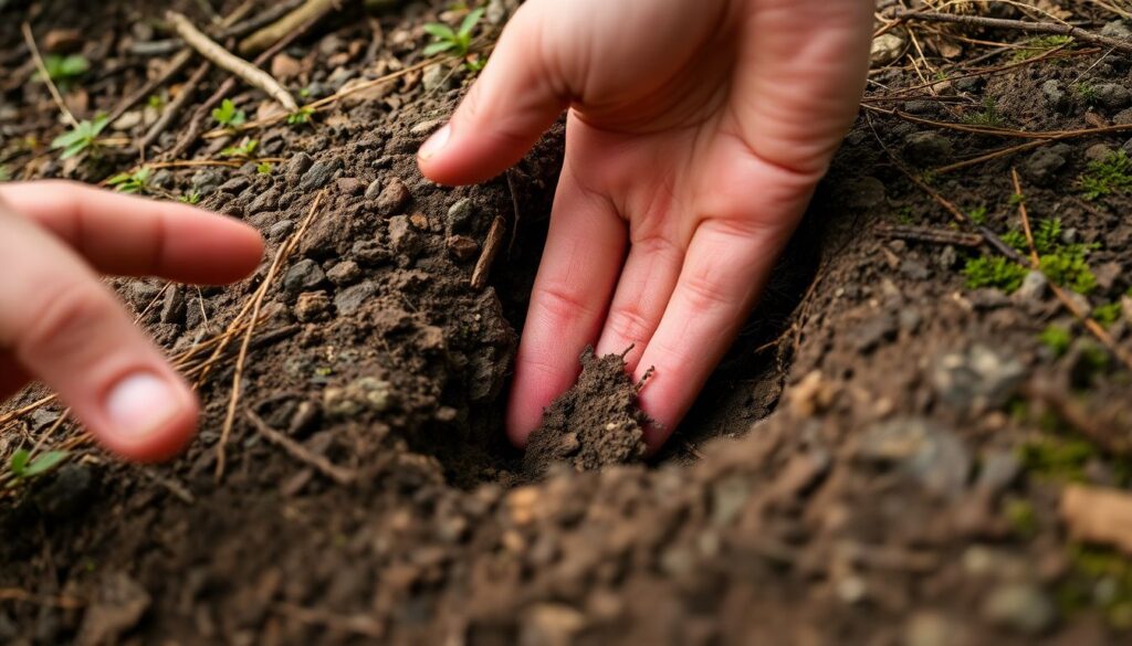 A close-up of a well-camouflaged buried cache, with a hint of the surrounding wilderness, and a determined yet reassuring hand reaching out to uncover it.