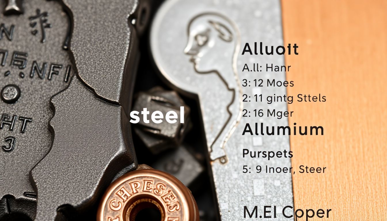 Close-up of various metals (iron, steel, aluminum, copper) with their respective properties written next to them.