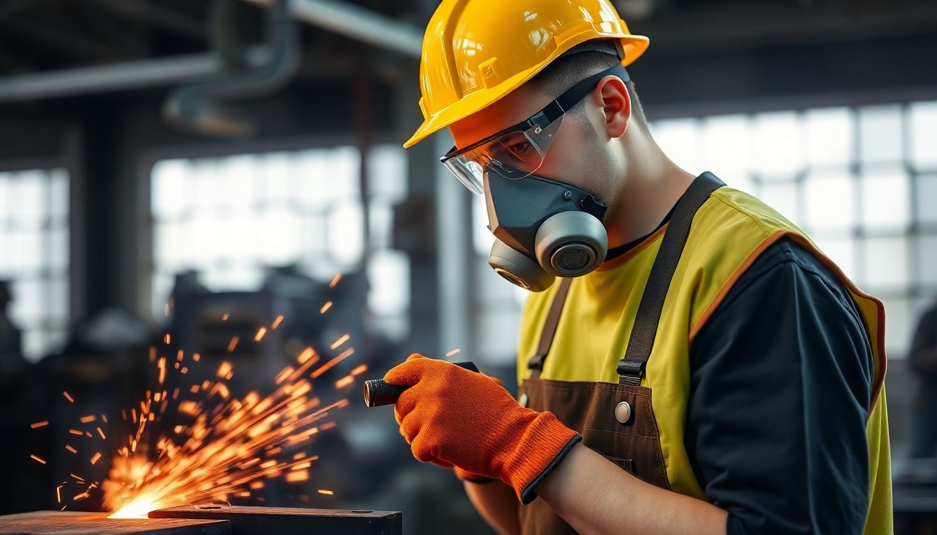 A blacksmith wearing safety gear, including gloves, goggles, and a respirator, working at the forge.