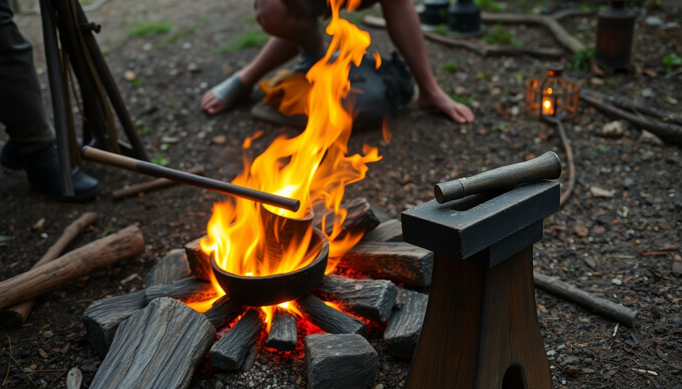 A blacksmith heating metal in a campfire, with a makeshift anvil and hammer nearby.