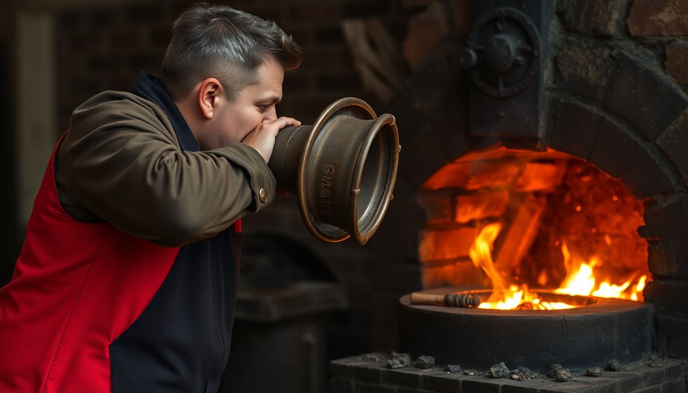 A blacksmith blowing air into a forge with a bellows, flames visible inside.