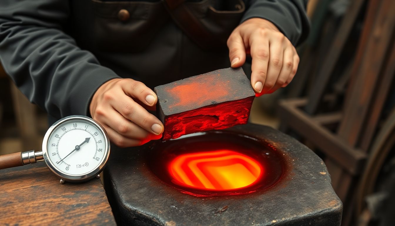 A blacksmith quenching a red-hot piece of metal in water, with a thermometer and timer visible.