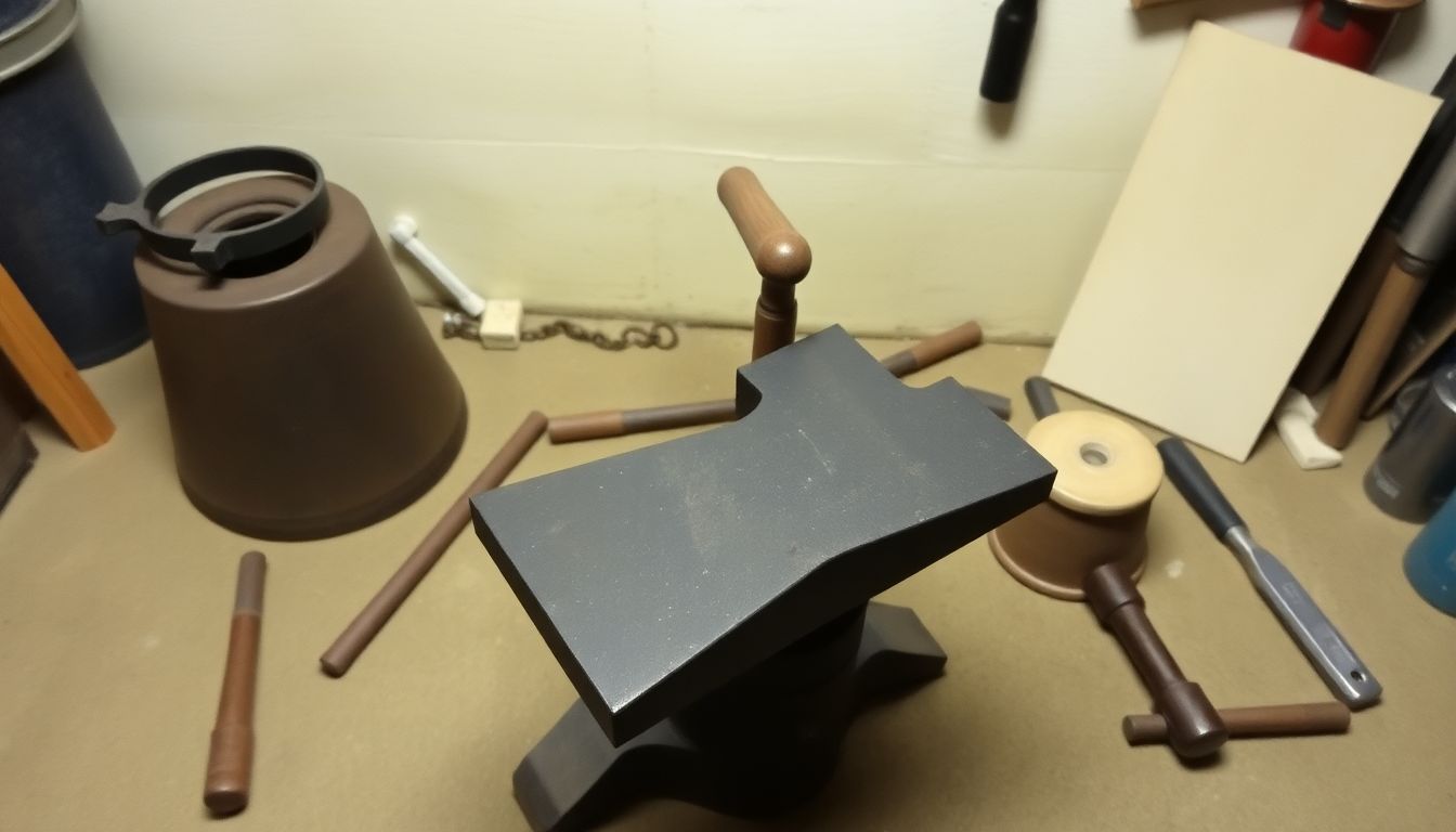 A simple forge setup with an anvil, hammer, and other tools arranged around it.