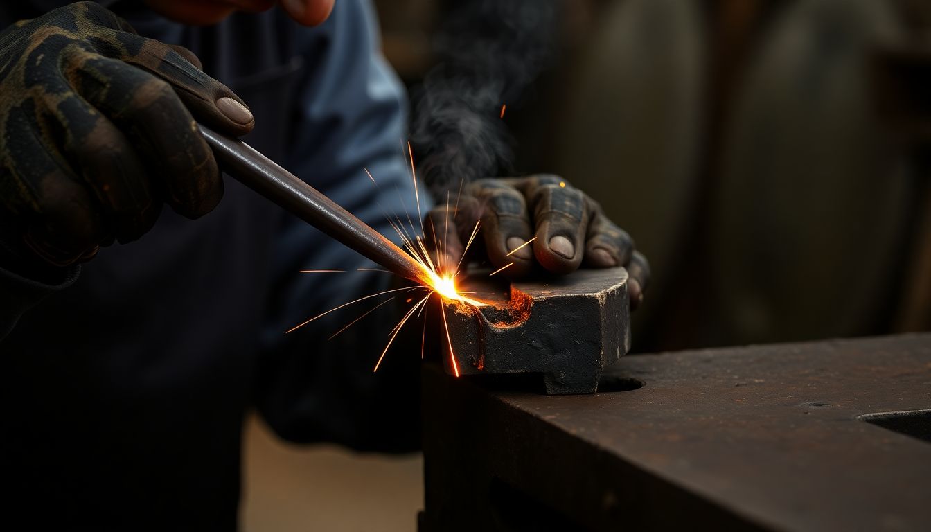 A blacksmith welding two pieces of metal together, with the repaired object visible.