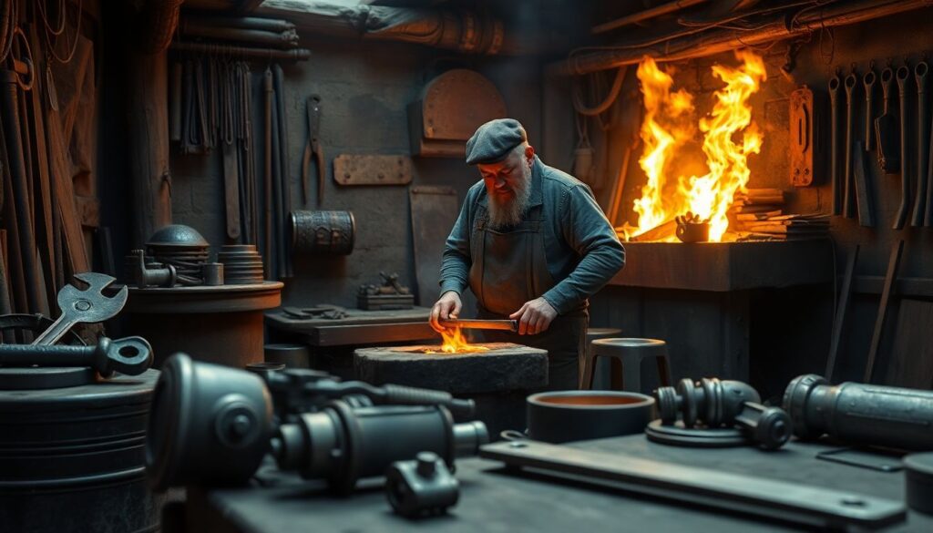 A blacksmith in a post-apocalyptic setting, surrounded by tools he's made, a fire in the forge, and various metals and tools around him.