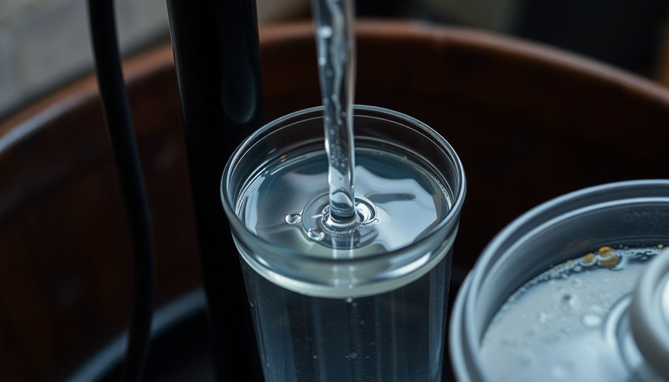 A close-up of a still producing alcohol fuel, with a clear view of the alcohol collecting in a container.