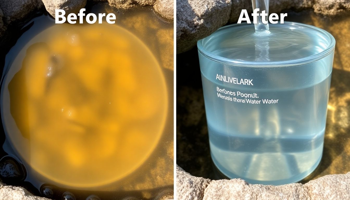 A before-and-after comparison of water, showing the transformation from murky, untreated water to clear, purified water.