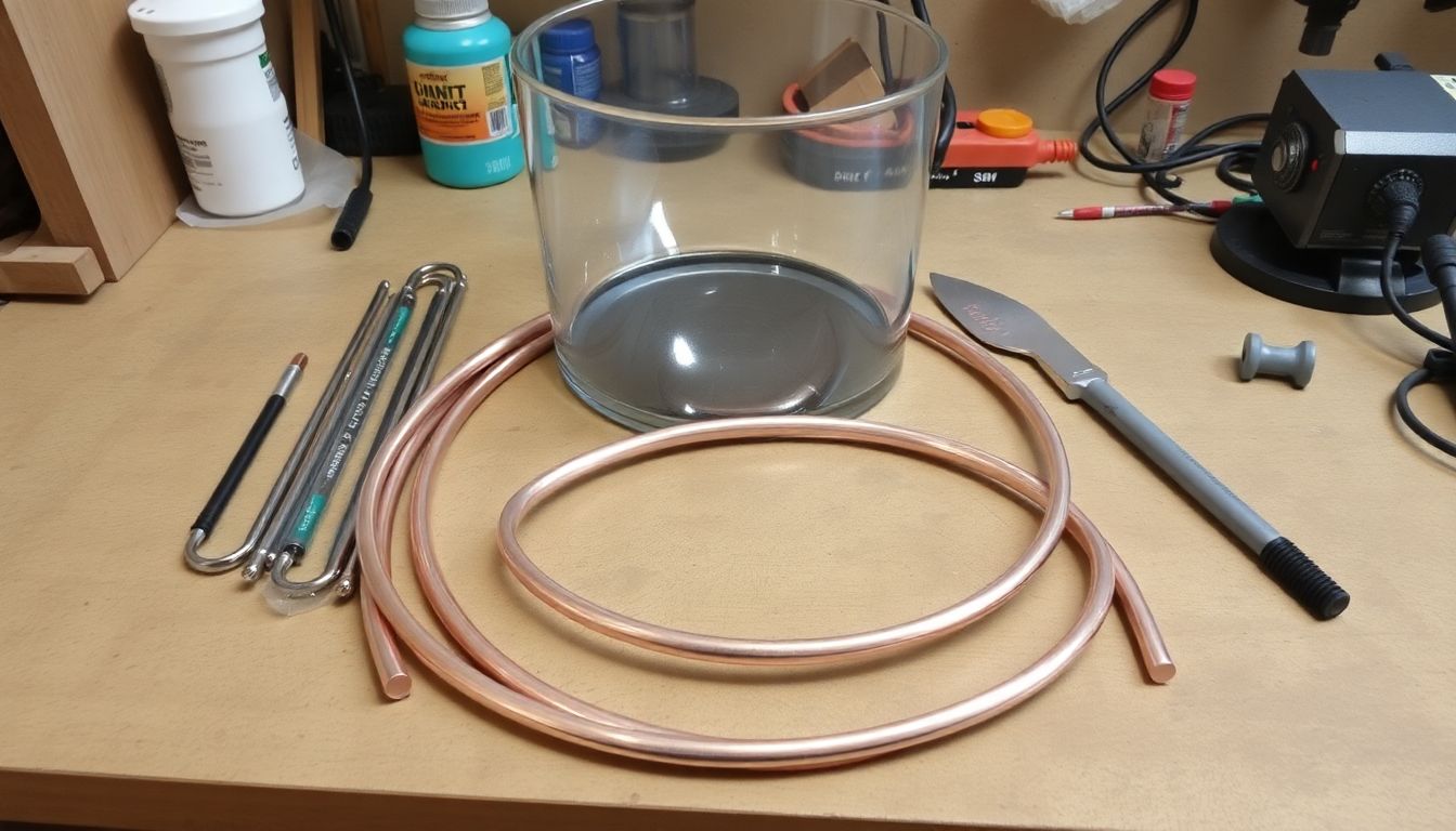 A variety of materials like copper tubing, a large glass container, and a heat source laid out on a workbench.