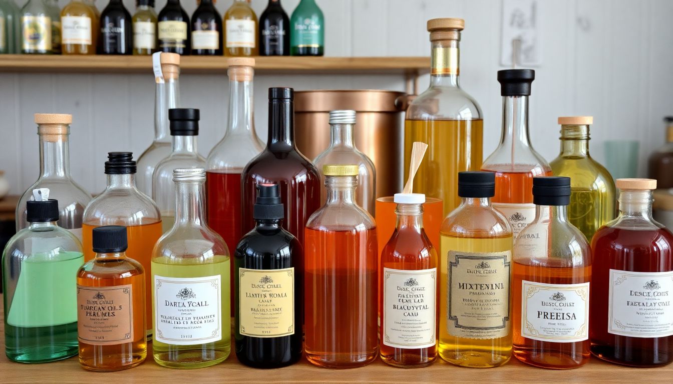 A variety of bottles and containers filled with essential oils, perfumes, and liqueurs, all produced using a survival still.