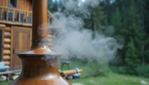 A close-up of a homemade still, with steam rising and condensation collecting in a glass container, set against a backdrop of a rustic cabin and a lush forest.