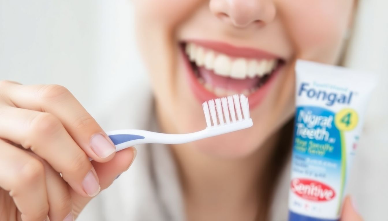 A person using a soft-bristled toothbrush to gently brush their teeth, with a tube of sensitive teeth toothpaste in the background.