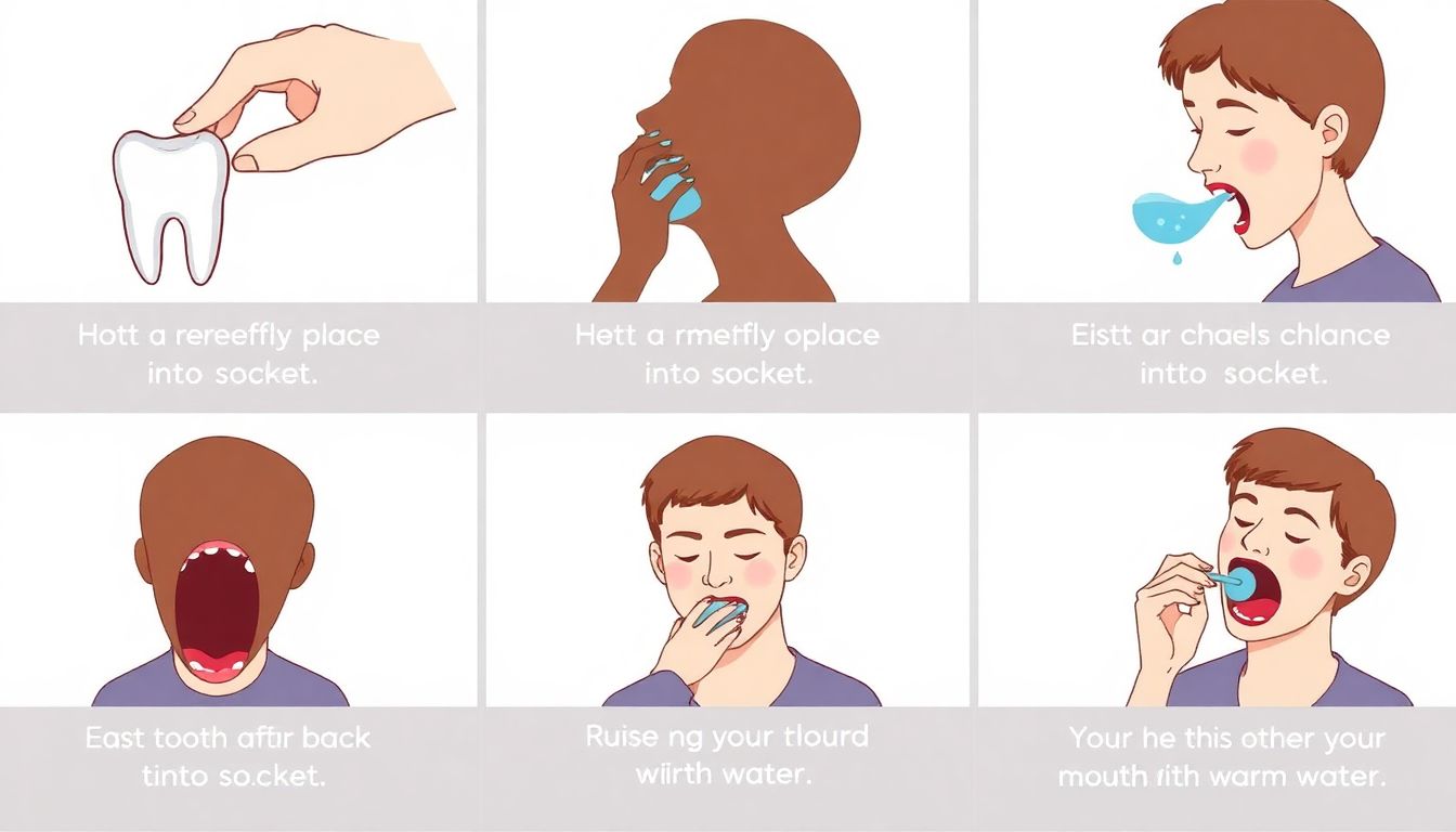 A series of illustrations showing each emergency situation and the corresponding first aid action: a tooth being carefully placed back into its socket, a person rinsing their mouth with warm water, etc.