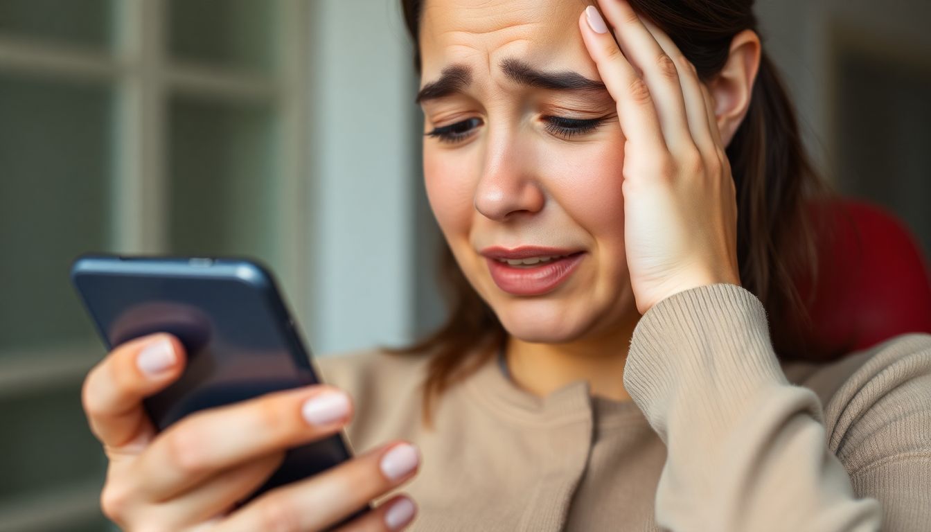 A person looking up a dentist's contact information on their phone, with a worried but relieved expression.