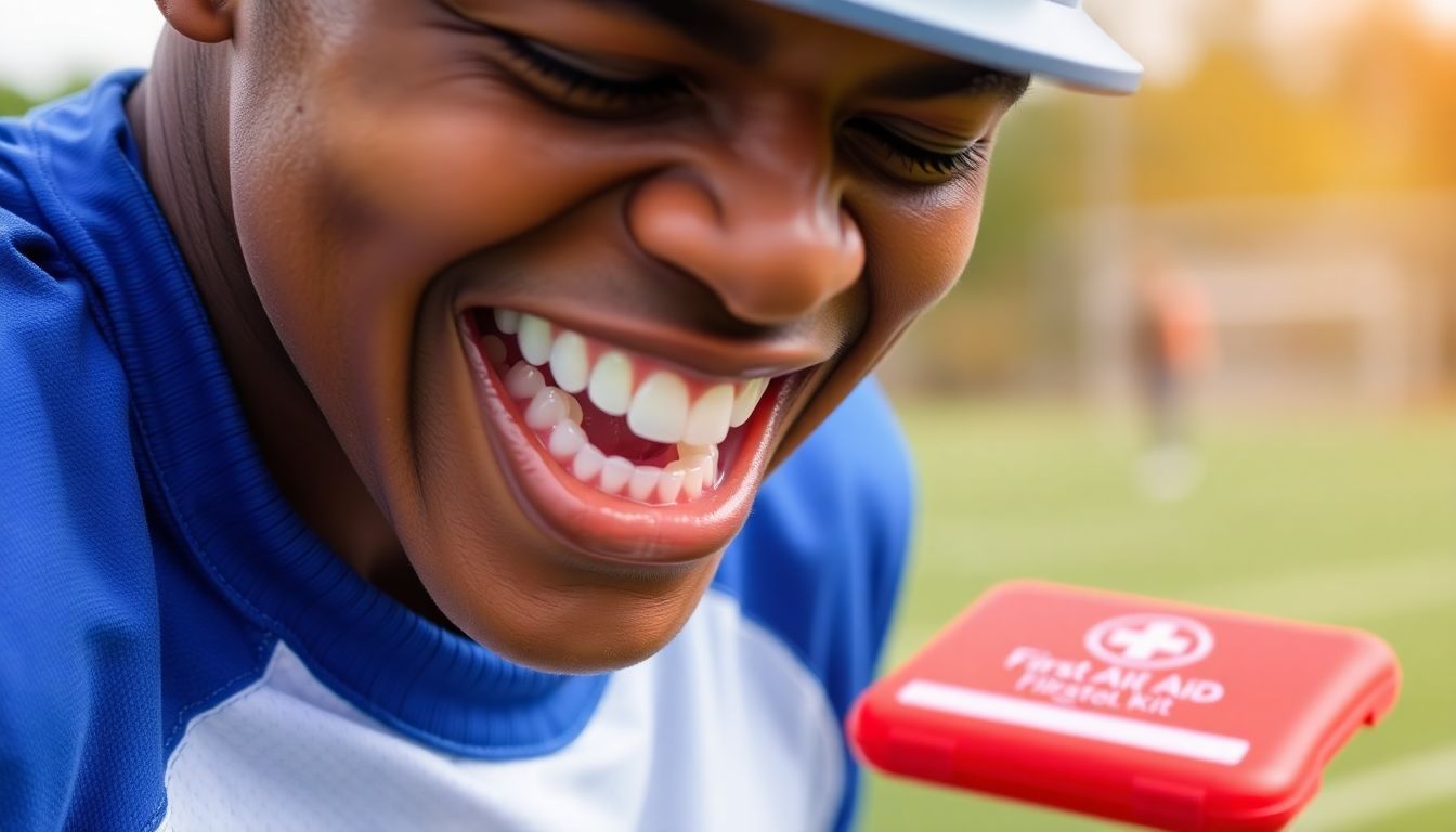 A person wearing a mouth guard while playing sports, with a dental first aid kit nearby.