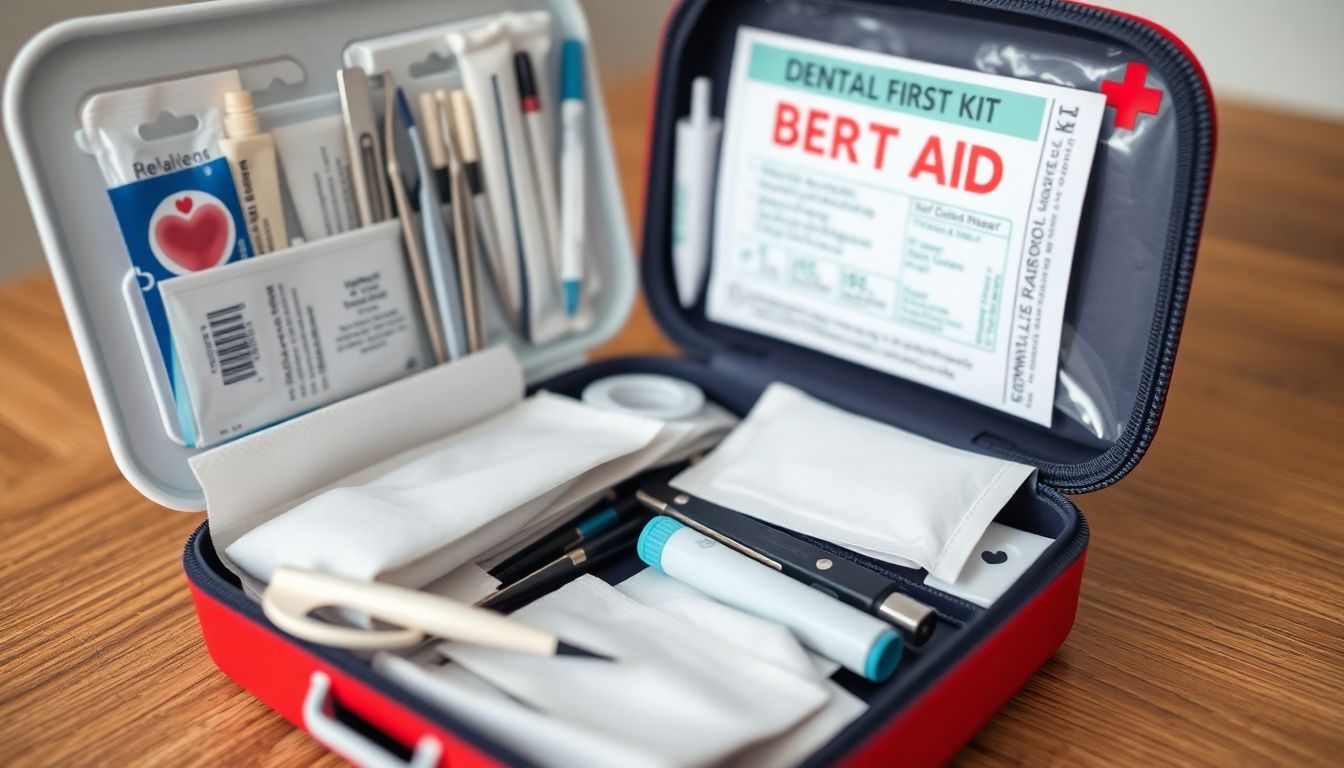 A close-up of a dental first aid kit opened on a table, showing its contents: gauze, tweezers, dental floss, pain relievers, etc.