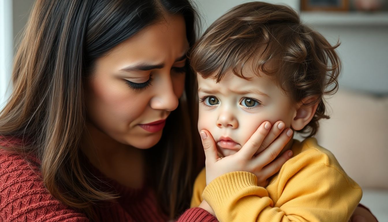 A parent comforting a young child who is holding their cheek, with a concerned but reassuring expression.